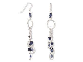 An image of silver colored earrings with a hint of iolite beads