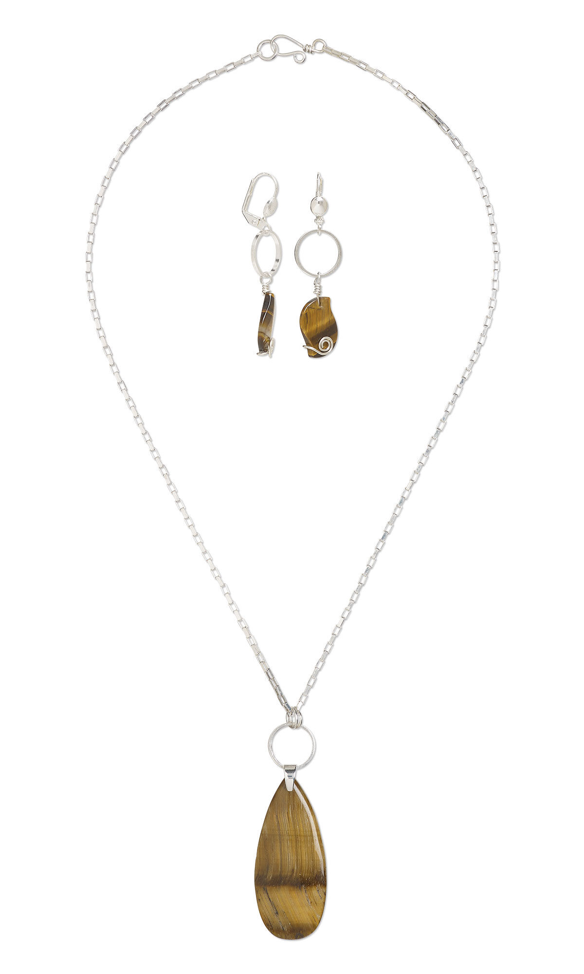 Design Idea R N 2 4 – Silver chain necklace has a silver open circle for a pendant. A teardrop-shaped golden-brown gemstone hangs from the circle. Earrings have the same silver open circles with square golden-brown gemstones hanging from them.