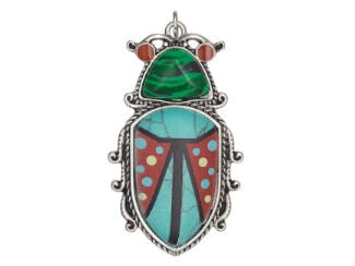 Pendant has a pewter frame and is filled with colored enamel in red, blue and green to depict a beetle.