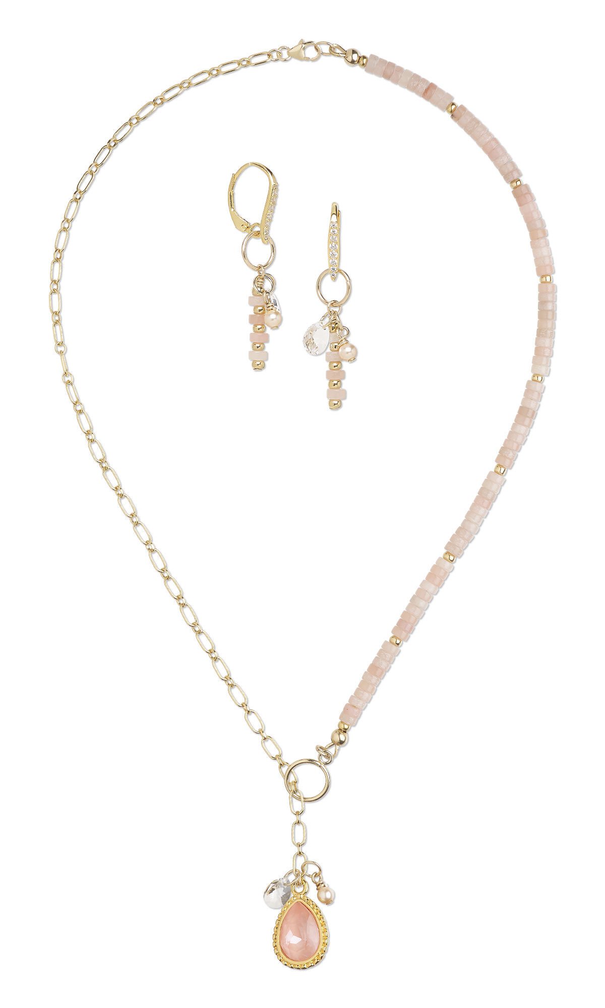 Design Idea R N 2 H &ndash; Gold necklace has a pear-shaped drop with a pink crystal stone. Two drops are on the sides of the drop, one with a clear crystal and one with tiny pink gemstone beads. Earrings have delicate drops featuring a clear crystal, a peach pearl, and tiny pink gemstone beads.