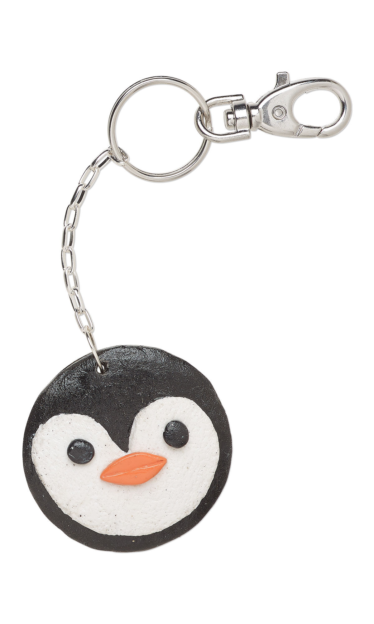 Design Idea S G 2 H &ndash; Split ring key ring has a round black and white penguin-face charm hanging from a length of chain.