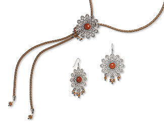 An image of a bolo and earrings made with red jasper cabochons