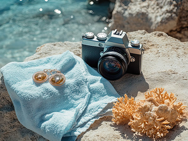 A camera with a blue cloth and jewelry on a rock by the ocean