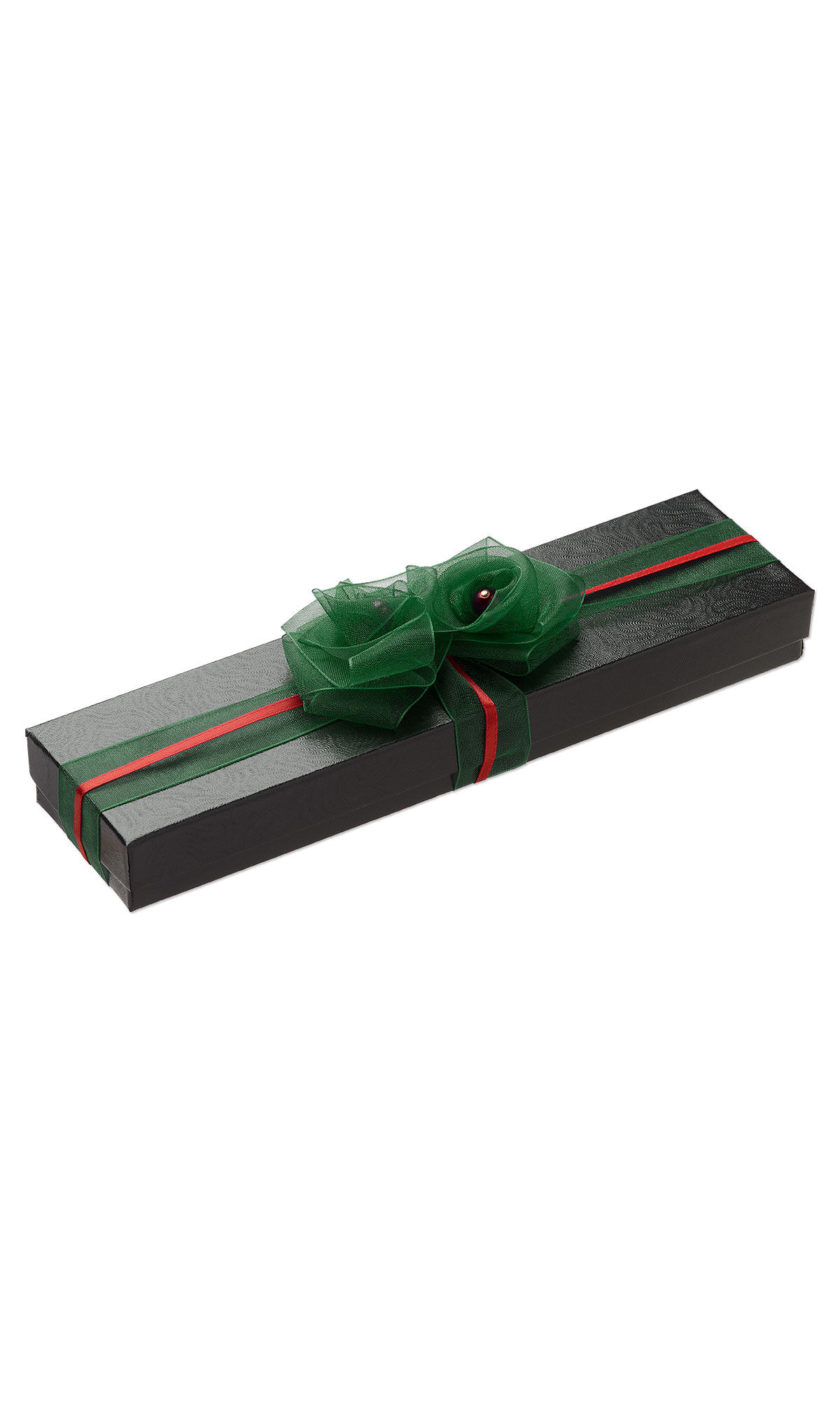 A black gift box with a green bow and red beads