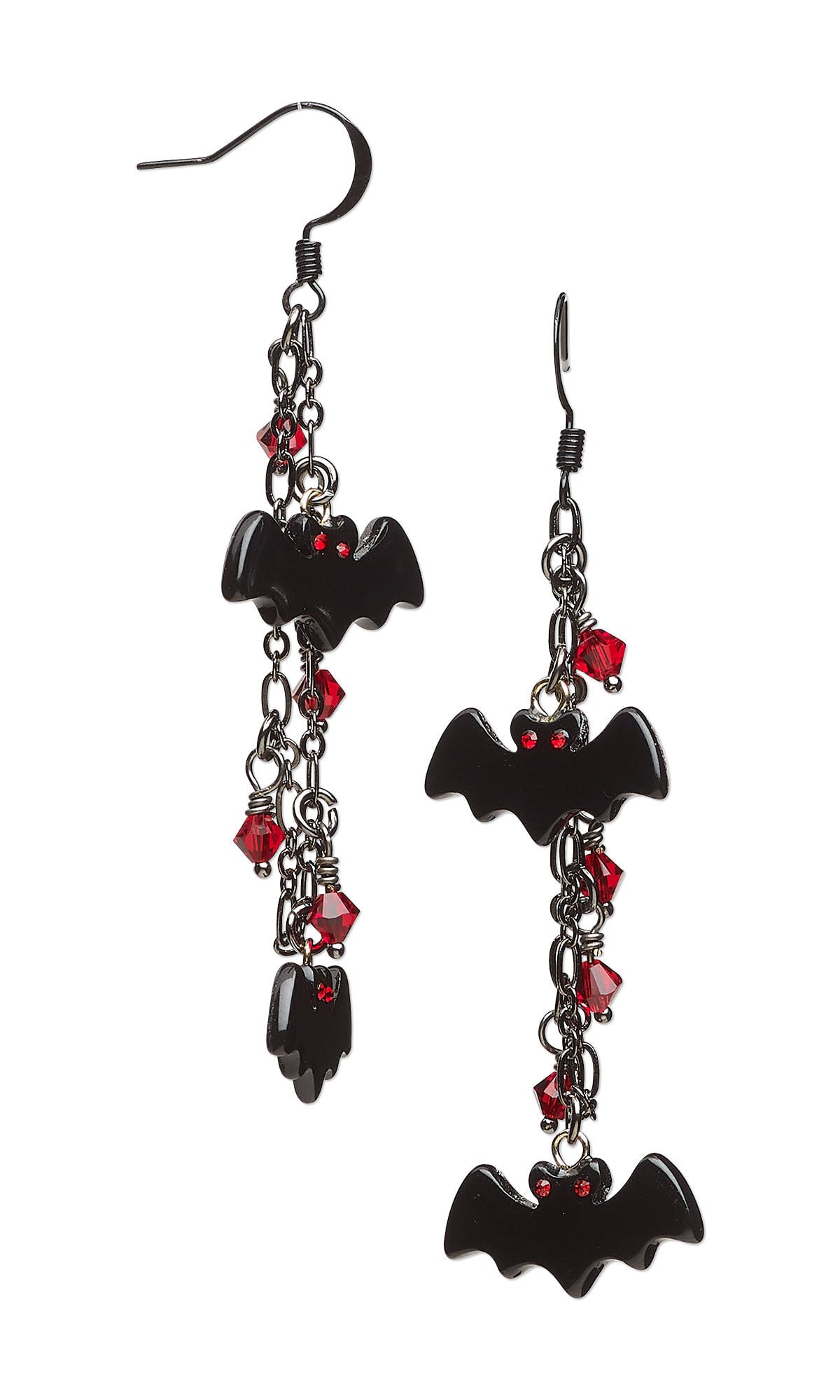 Design Idea S K 2 4 - Black fishhook earrings have tiny black bats and red crystal beads hanging from black chain.