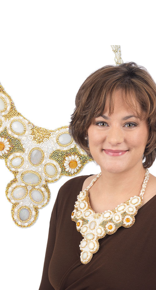 Model wearing a design created with cabochons 