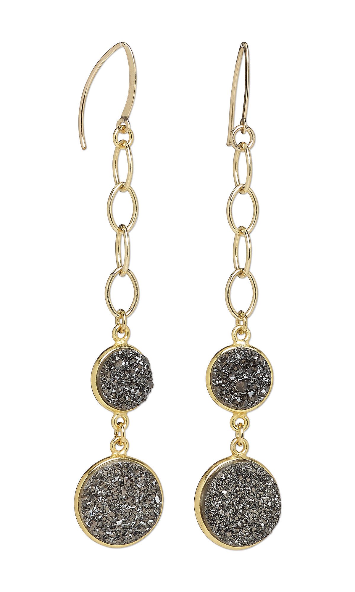 Design Idea R N 2 5 - Earring have two sparkly black druzy flat round components dangling from gold chain.