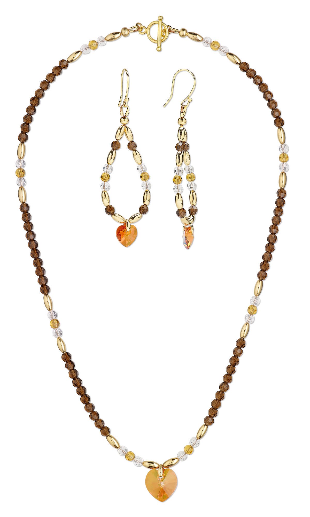 Design Idea S A 2 9 Beaded necklace and large teardrop-shaped earrings feature shades of topaz and clear crystal beads and sparkling topaz heart crystal pendants
