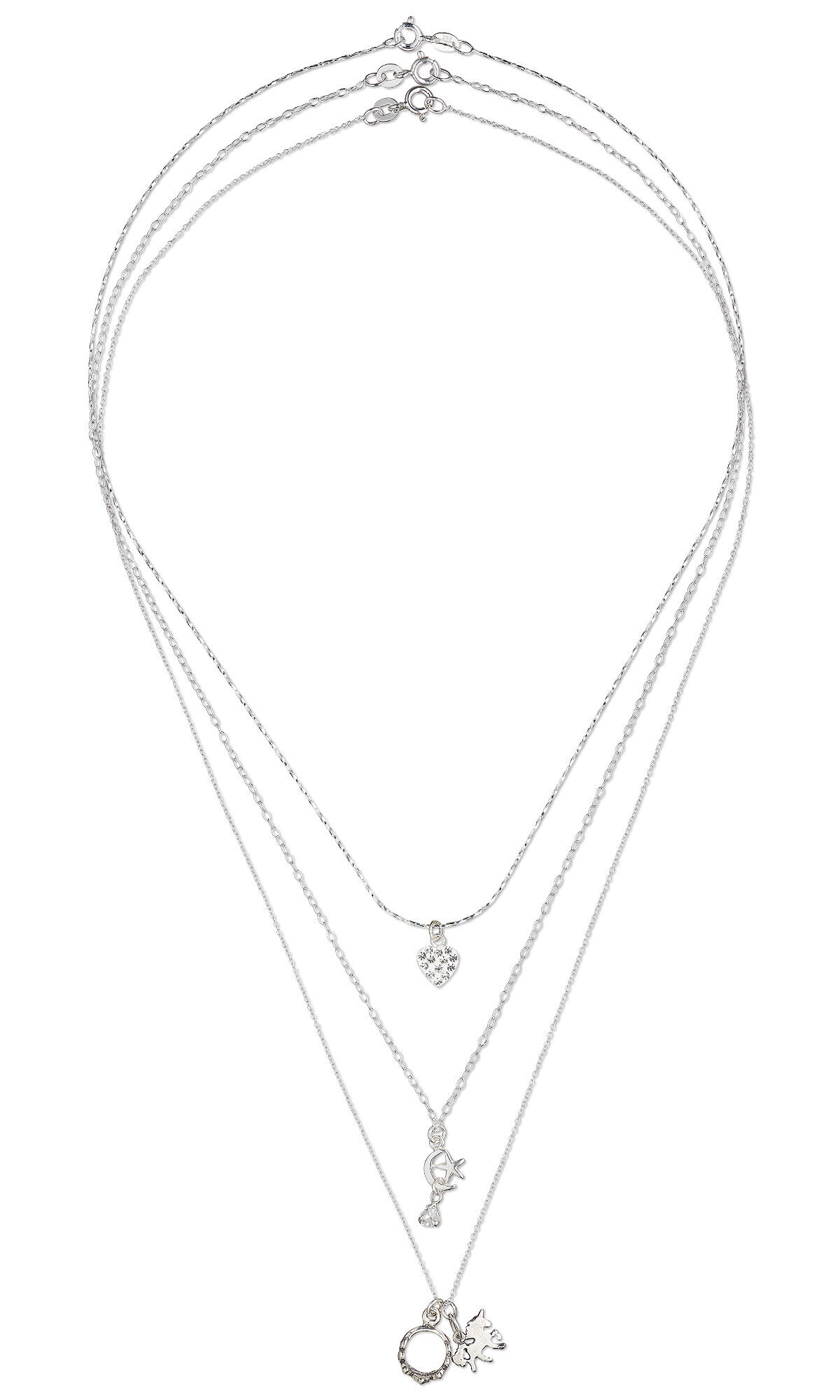 Design Idea S A 2 B - Three delicate silver necklaces, each with a different style of chain and featuring charms shaped like hearts, moon and stars, a unicorn and a crown.
