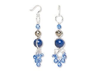Round gemstone beads are complemented by swirls of silver-plated wire in these ornate, sparkling blue and silverearrings.