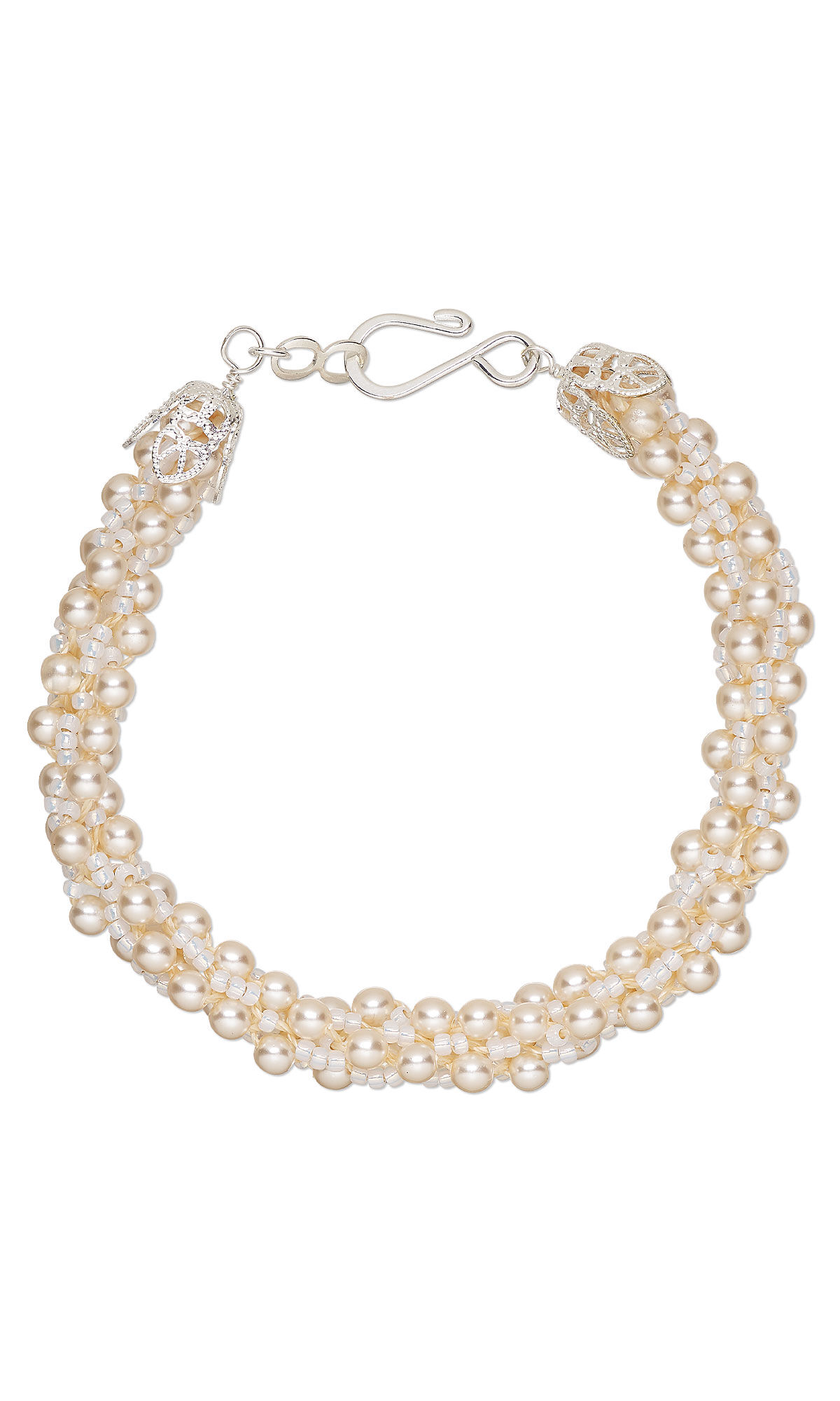 Braided kumihimo bracelet with pearl-coated glass beads and silver-lined seed beads, finished with silver-plated filigree bead caps and hook-and-eye clasp.