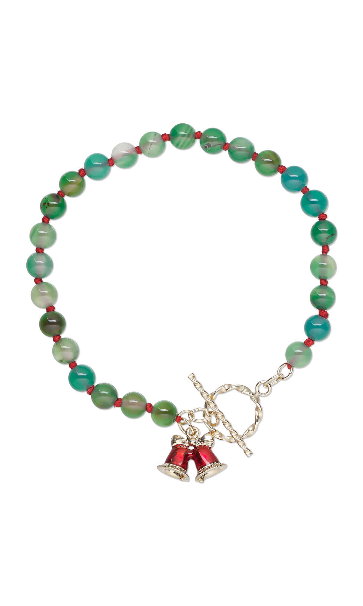 Bracelet with red cord, green agate beads and red bell charm