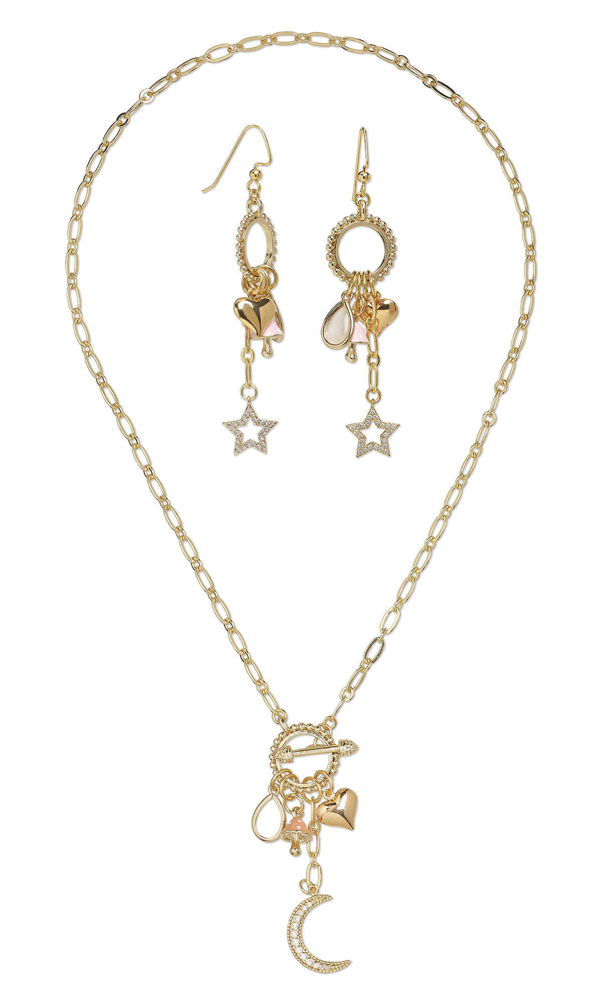 Design Idea R N 2 7 – Gold chain necklace features a large round toggle clasp as a focal point in the front. Heart, moon and mushroom charms and a mother-of-pearl drop are suspended from the clasp. Earrings match but have stars instead of a moon.