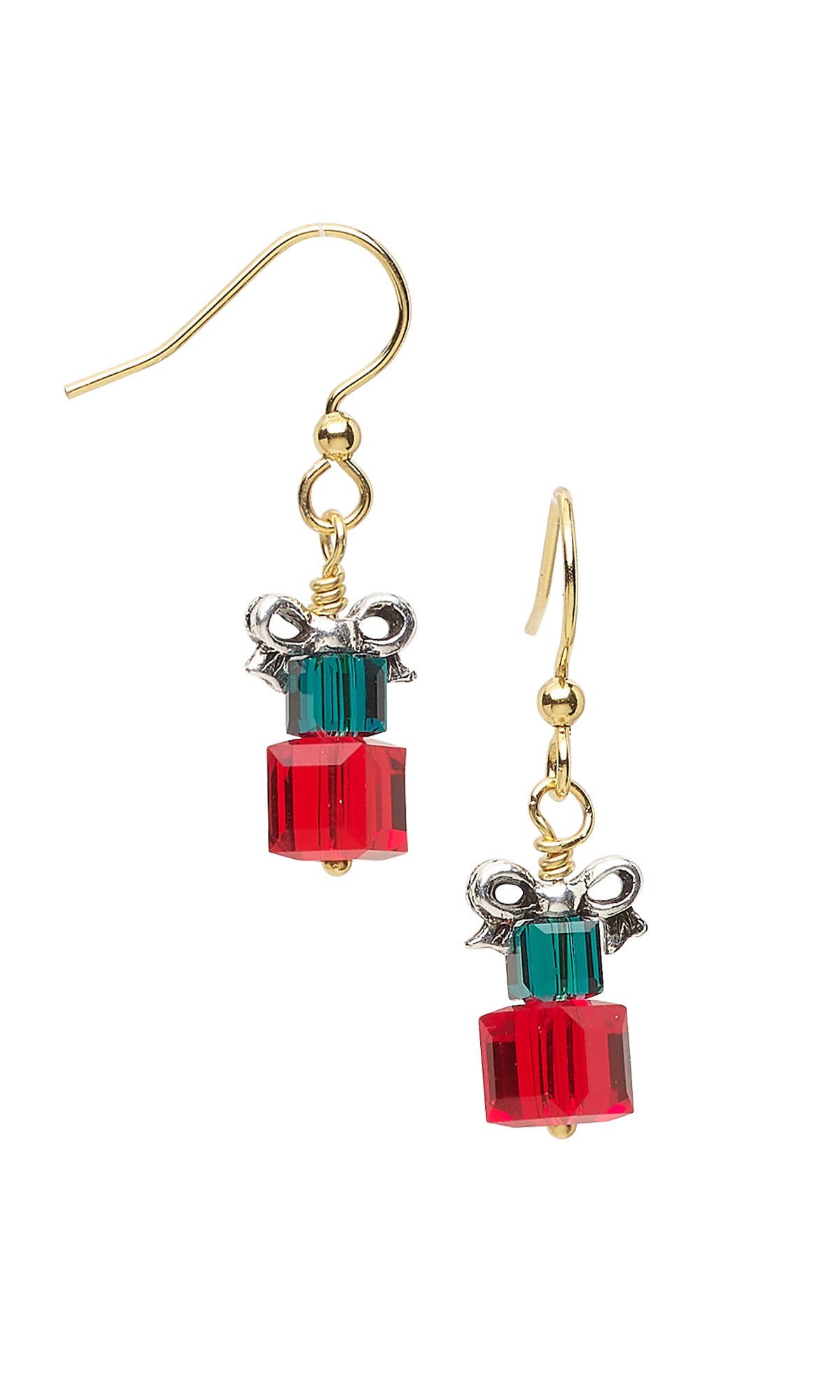 Design Idea S D 2 8 &ndash; Gift box earrings made with Crystal Passions cube beads, pewter bow beads and gold-plated findings