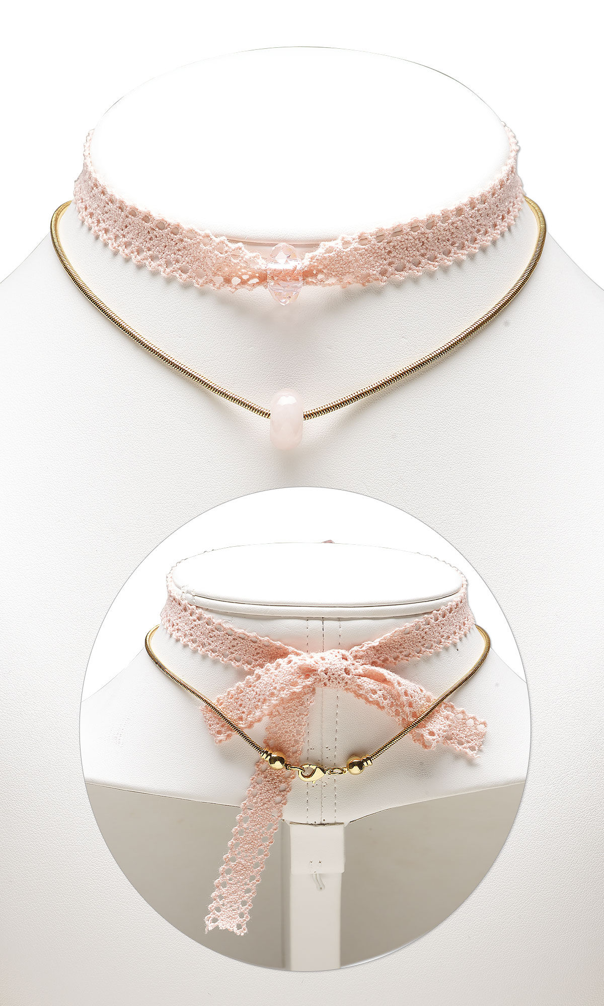 a ribbon choker with one bead and a chain necklace with one bead