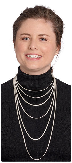 Woman modeling various necklace lengths