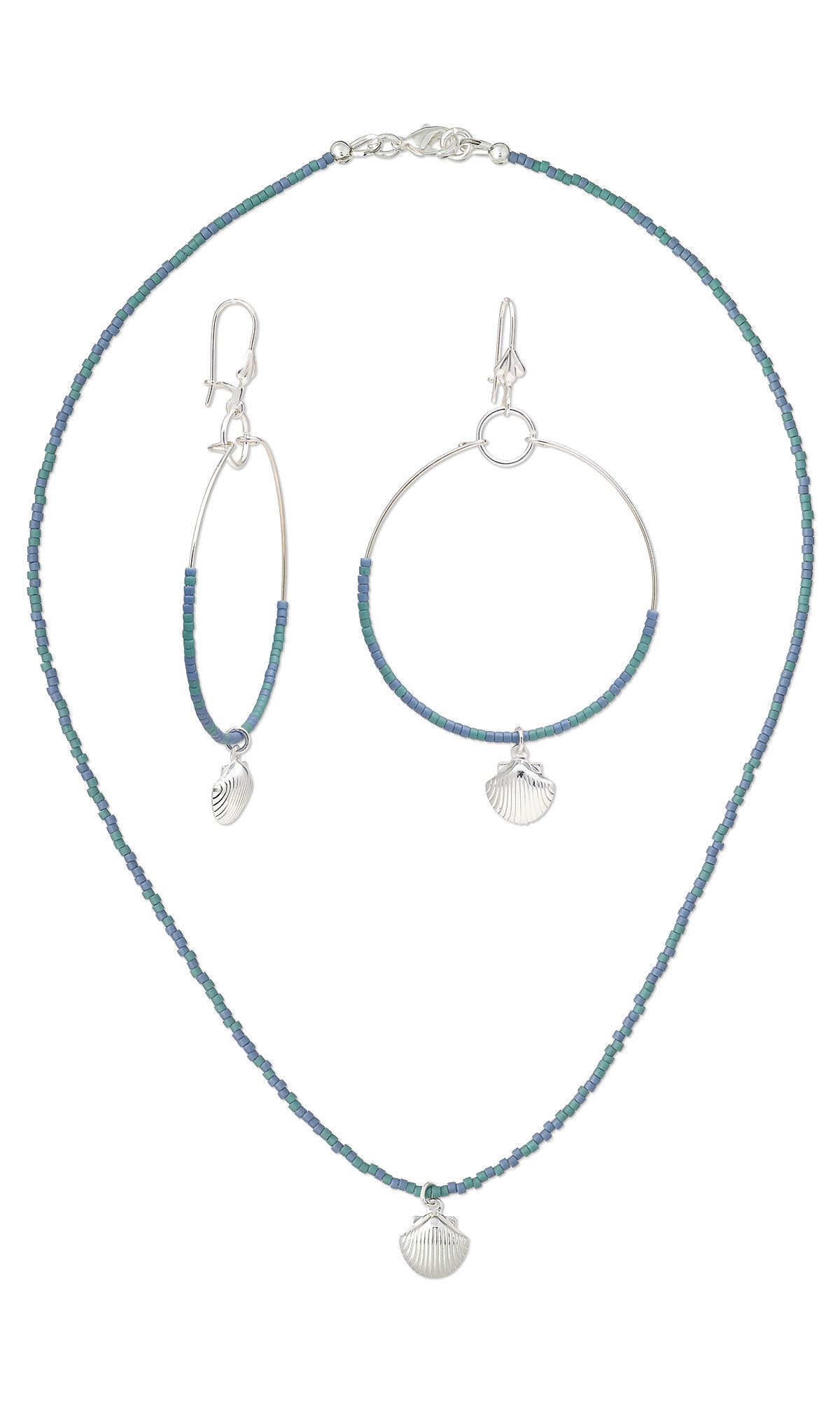 Necklace and hoop earrings with seed beads and shell charms