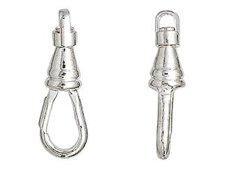 Silvery clasp has a small loop at the top, then a cone-shaped component with a larger loop below for attaching objects.
