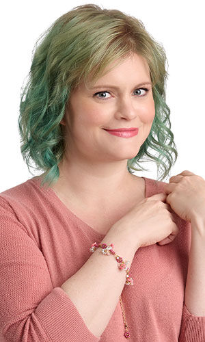 Design idea R D 3 4 on a smiling woman in pink