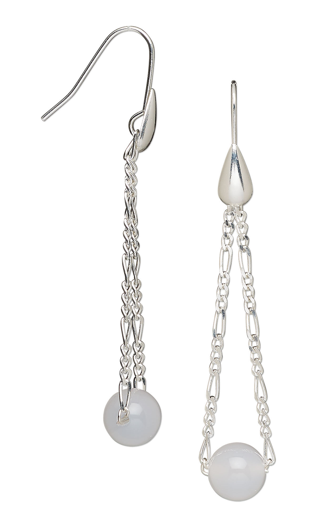 Design Idea S F 2 Y &ndash; Silver-plated fishhook earrings each have a silvery teardrop at the top. A loop of silver-plated chain hangs from each ear wire, and a white agate gemstone bead has been strung on each chain.