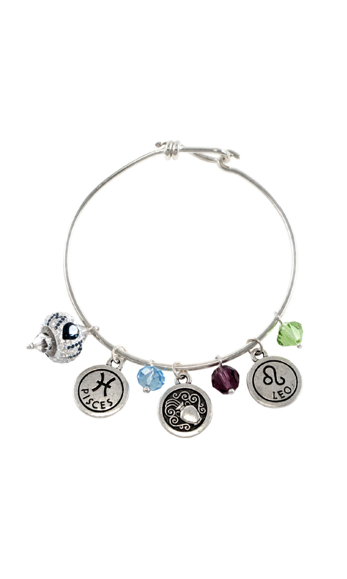 Design Idea R H 4 3 Silver-hued bangle bracelet with silver zodiac charms and drops with faceted crystal beads in blue, purple and green.
