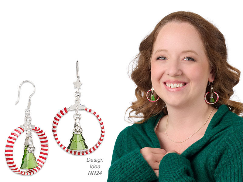 model wearing earrings made with miyuki seed beads