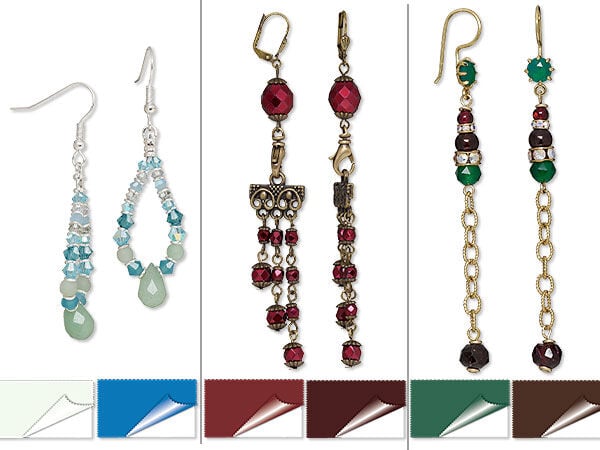 Assortment of handmade jewelry designs in blue, burgundy, red, orange, green, brown and navy, including beaded earrings, a gemstone bracelet and coordinating drop earrings, with corresponding color swatches.