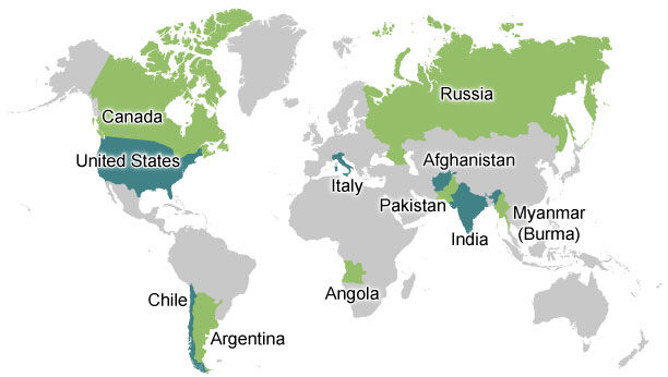 Canada, United States, Chile, Argentina, Italy, Angola, Russia, Pakistan, Afghanistan, India, Myanmar (Burma)