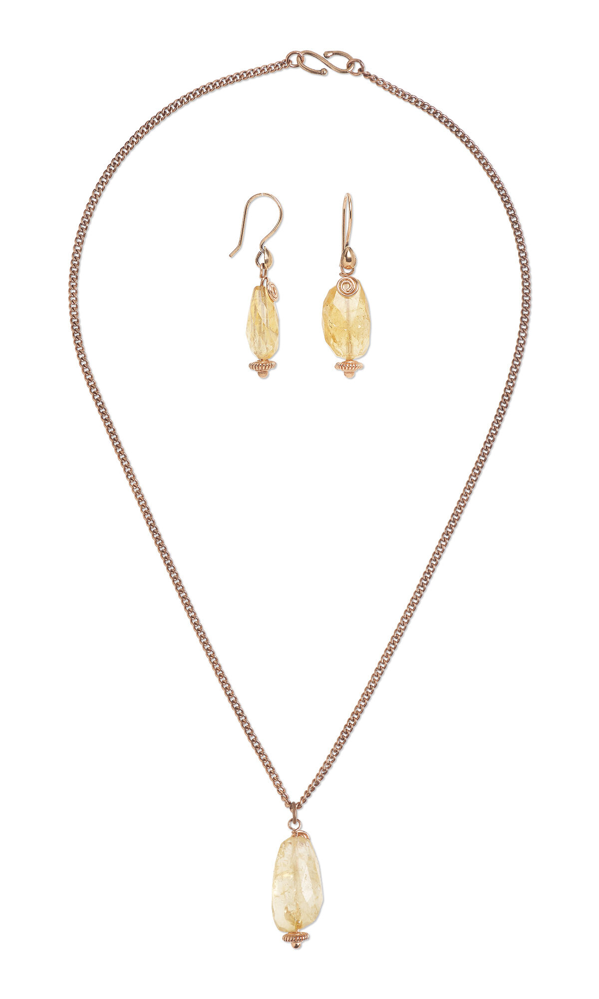 Design Idea R G 3 G Antique copper-plated necklace and earrings each feature a golden yellow irregularly shaped citrine bead topped by a swirl of copper wire.