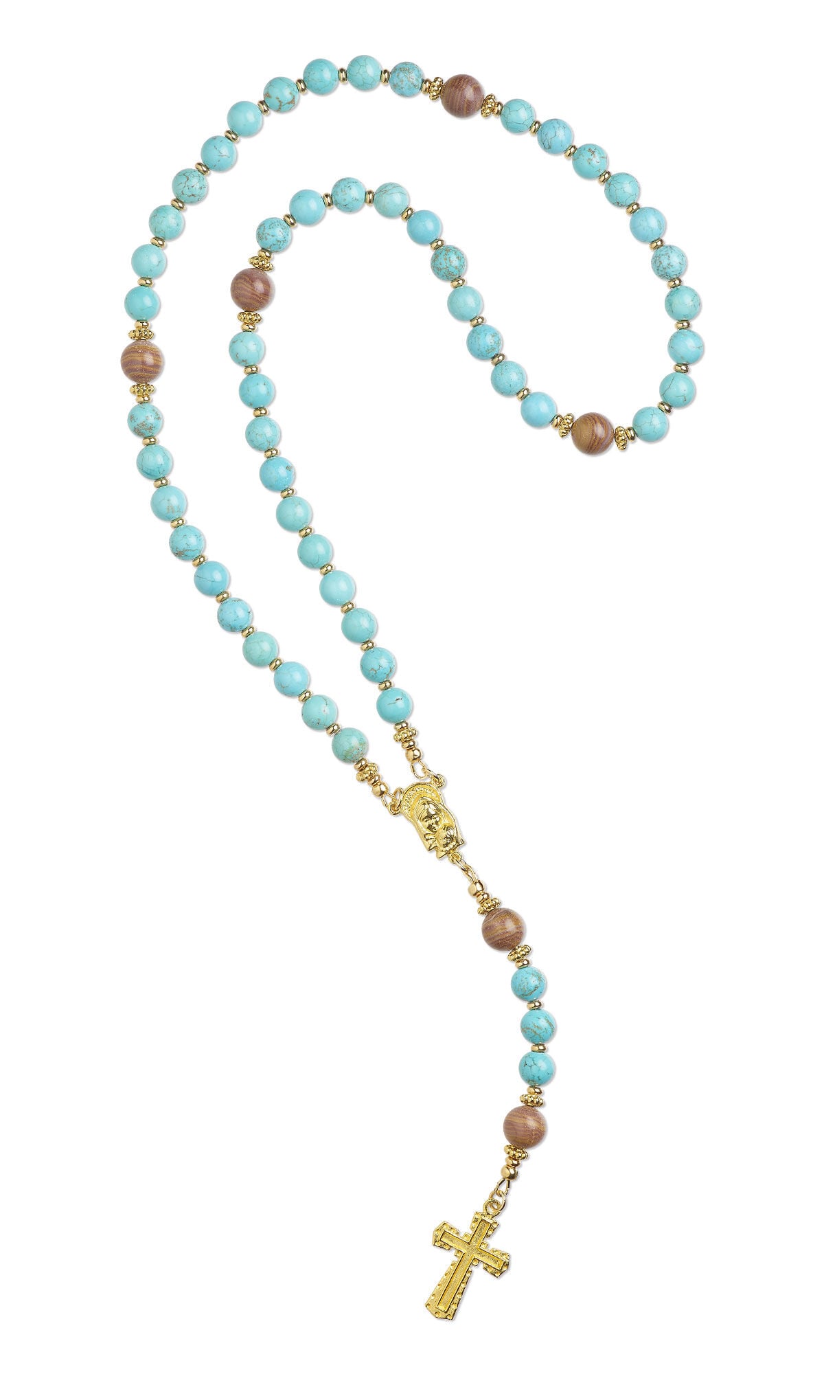 Design Idea M K 2 M &ndash; Rosary has large, light blue gemstone beads with occasional brown beads. A strand of blue and brown gemstone beads hangs from golden Madonna-and-child connector at the center of the necklace. A golden cross is at the bottom of that strand.