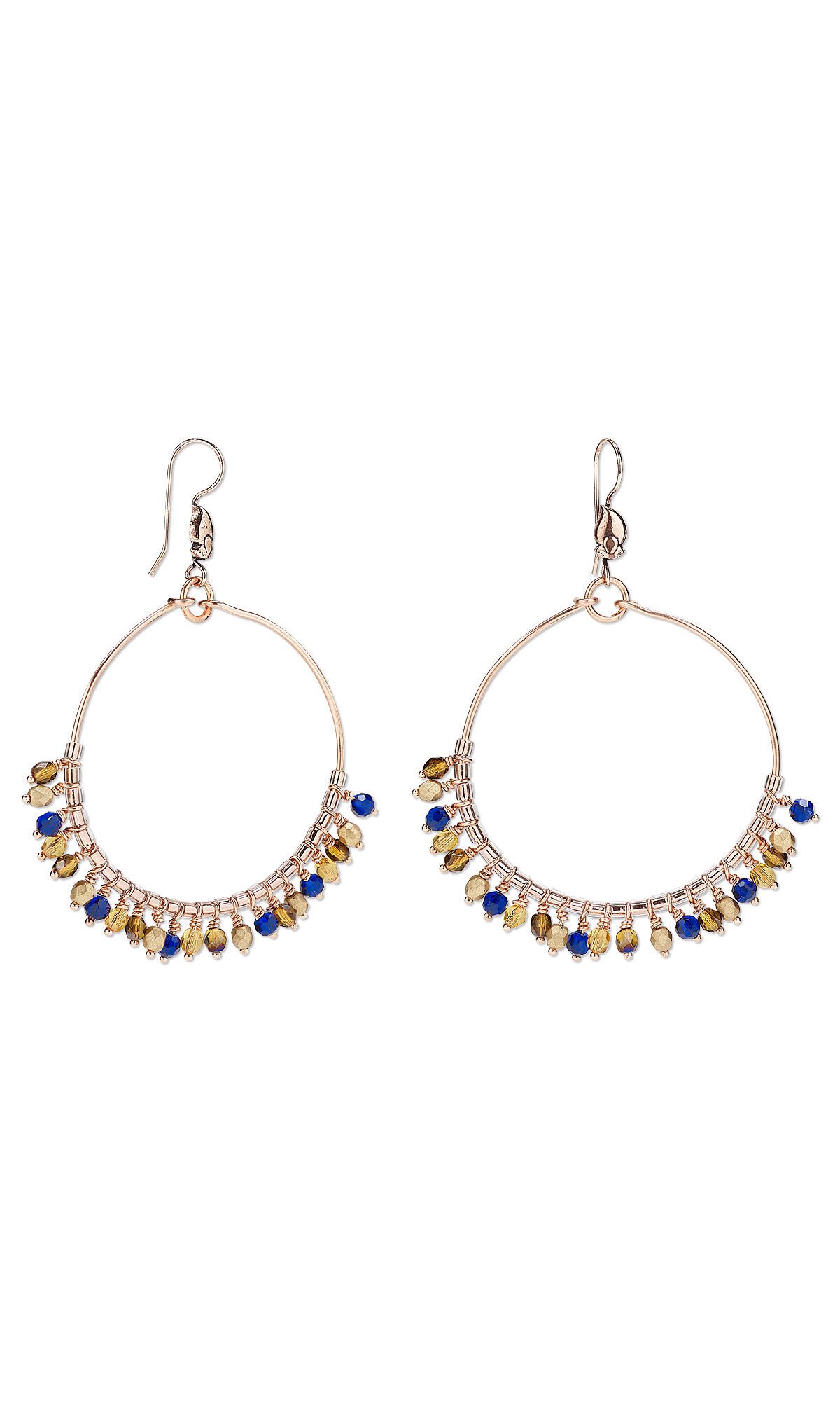 Design Idea R H 2 8 Earrings have large circles of wire, and each circle has 24 small beaded drops in a pattern of blue and gold hues.