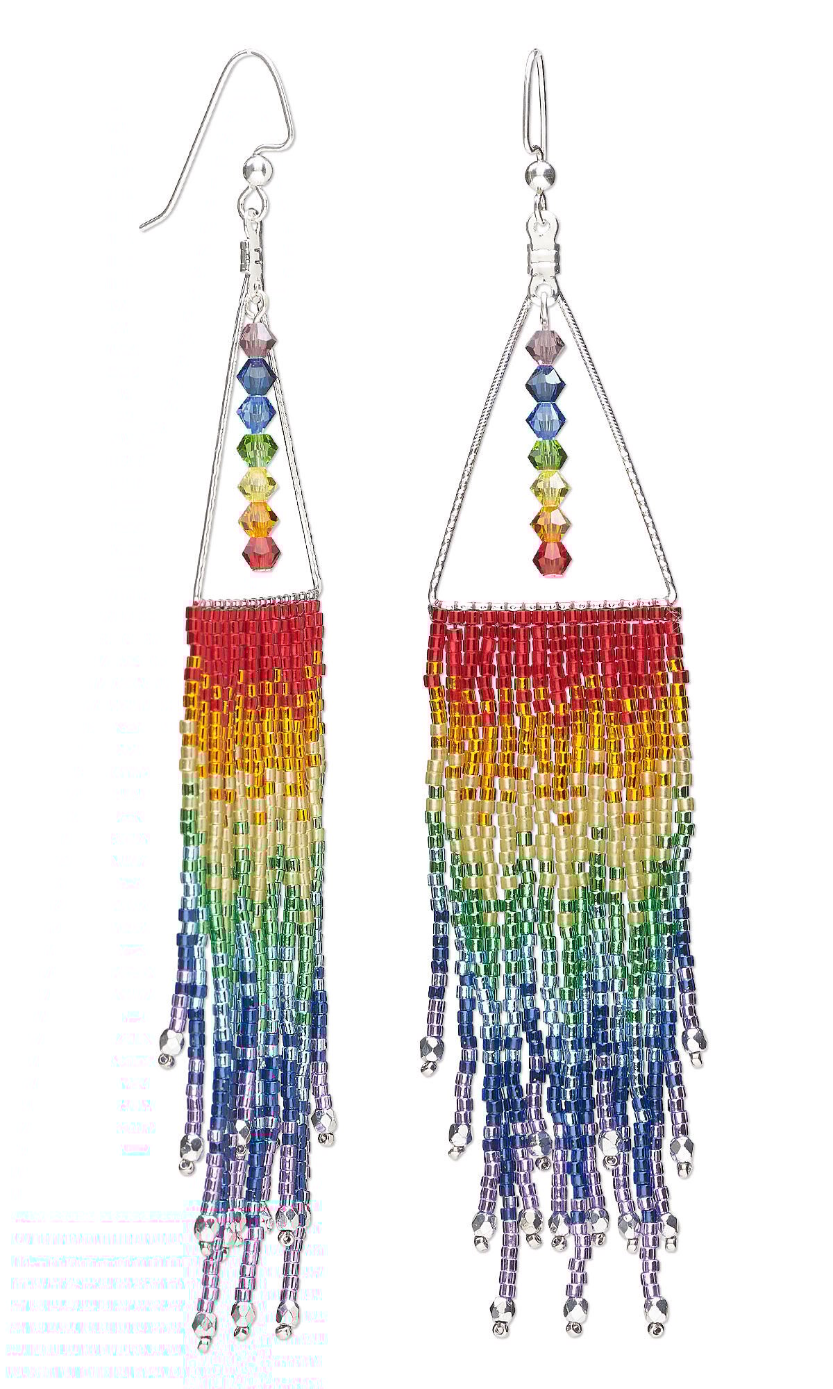 Design Idea R K 2 M - Earrings have a silver triangle at the top. A strand of rainbow-hued bicone beads hang inside the triangle. Strands of seed beads dangle from the flat bottom of the triangle, with colors going from red at the top to orange, yellow, green and blue. The ends of the fringe earrings are uneven and capped with larger silver beads.