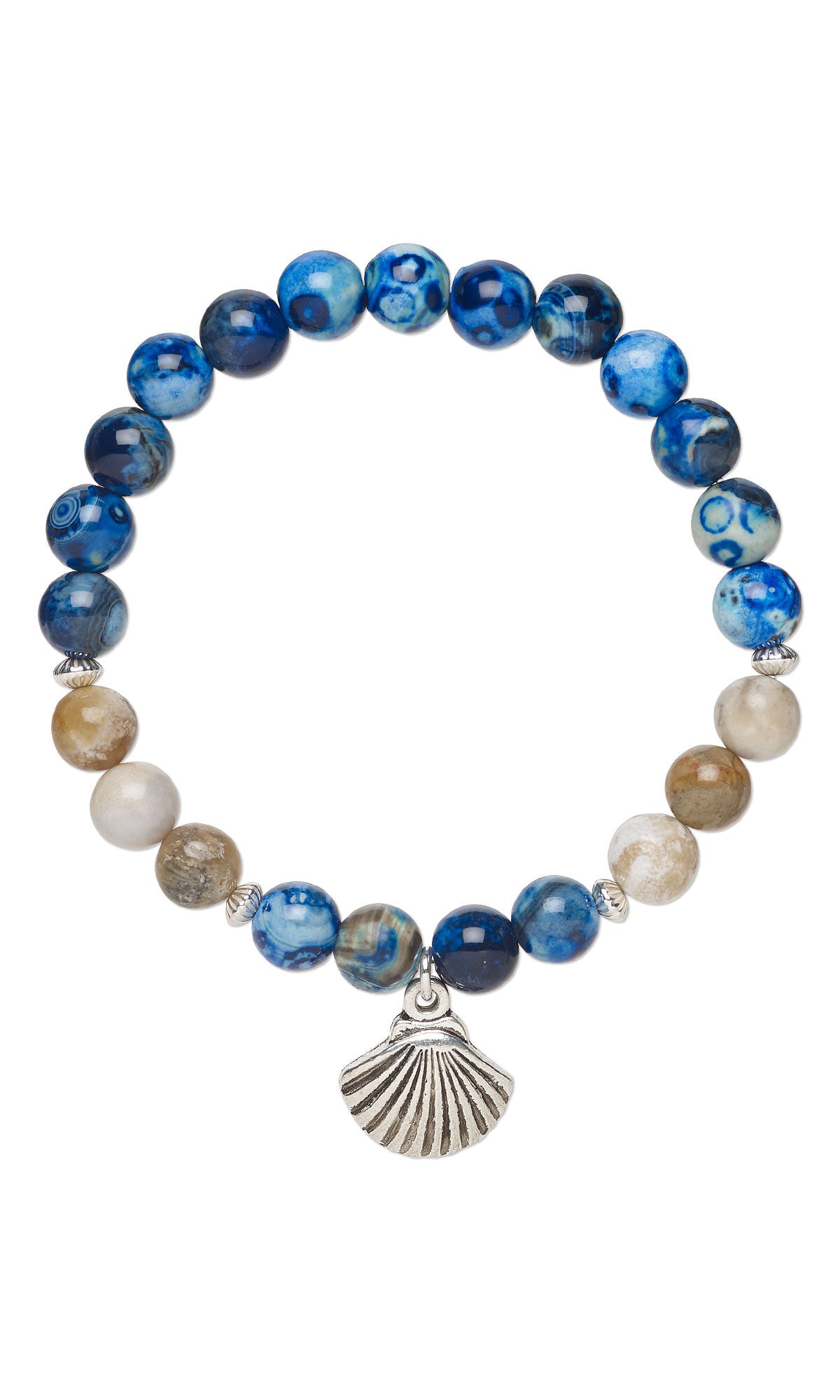 Design Idea S D 3 N &ndash; Stretch bracelet made with fire crackle and dendritic ocean agate gemstone beads and pewter shell charm