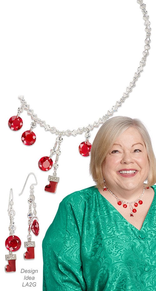 Model wearing necklace and earrings made with crystal passions pendants