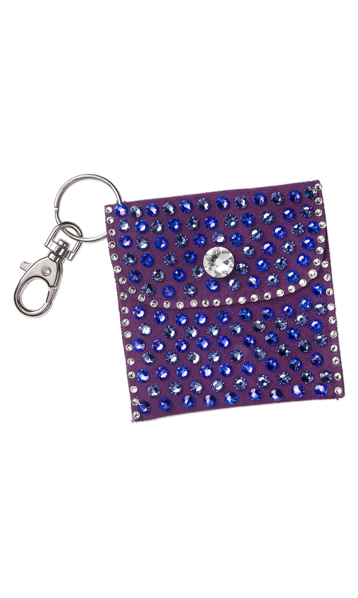 Design Idea S G 2 K &ndash; Silver split-ring keychain holds a small purple velveteen pouch with a snap closure embellished with flat back rhinestones in clear and shades of purple.