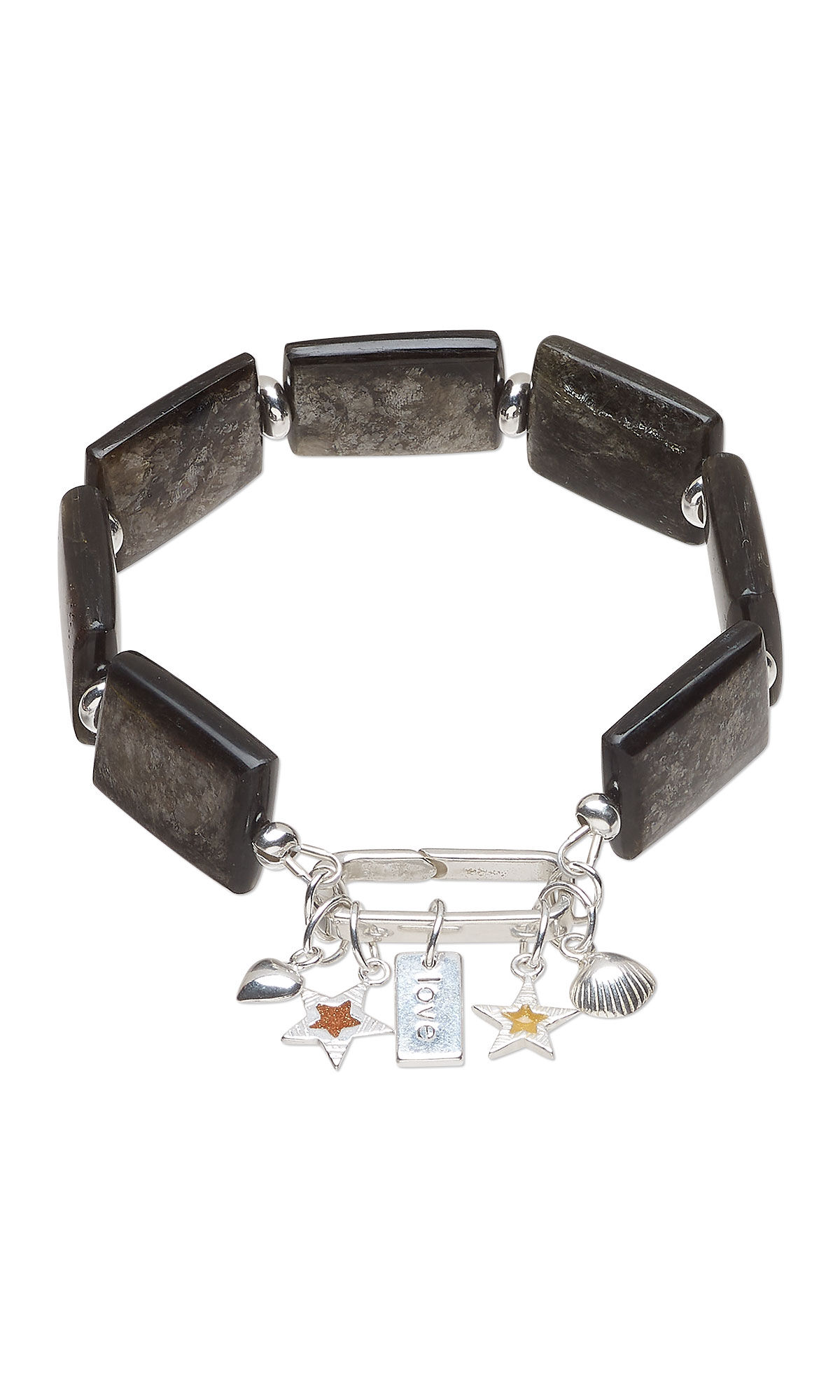 Design Idea R J 2 U – Bracelet has large rectangular mica beads separated by small silver beads. The clasp is a large silver rectangle with an assortment of silver charms hanging from it.