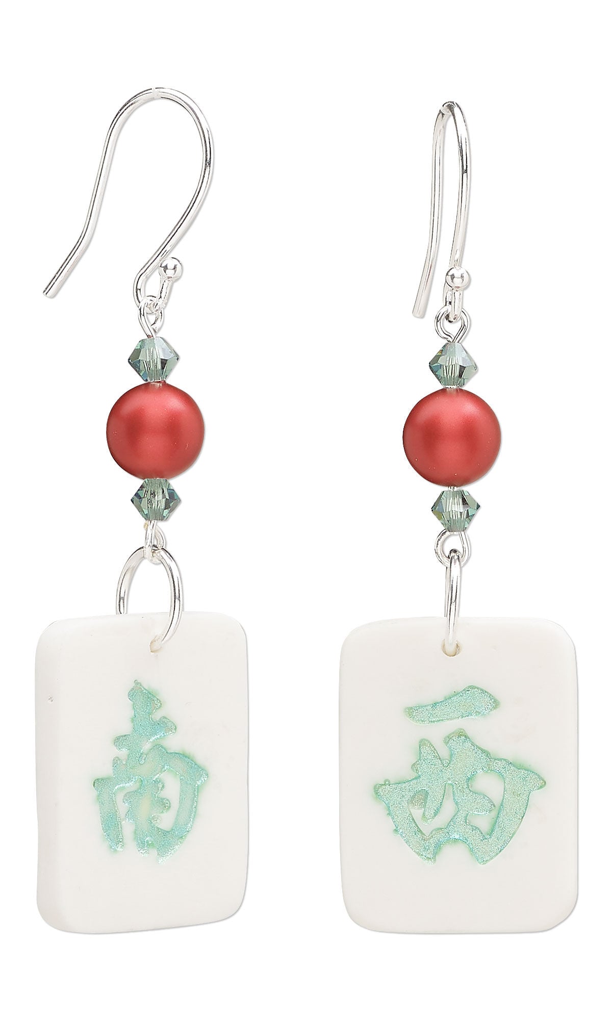 Design Idea S J 2 J &ndash; Earrings each have a link with a red crystal pearl with small light purple bicones on either side. Below that hangs a real mahjong tile.