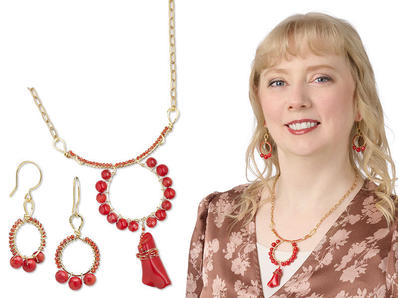 Model with earrings and necklace with bamboo coral