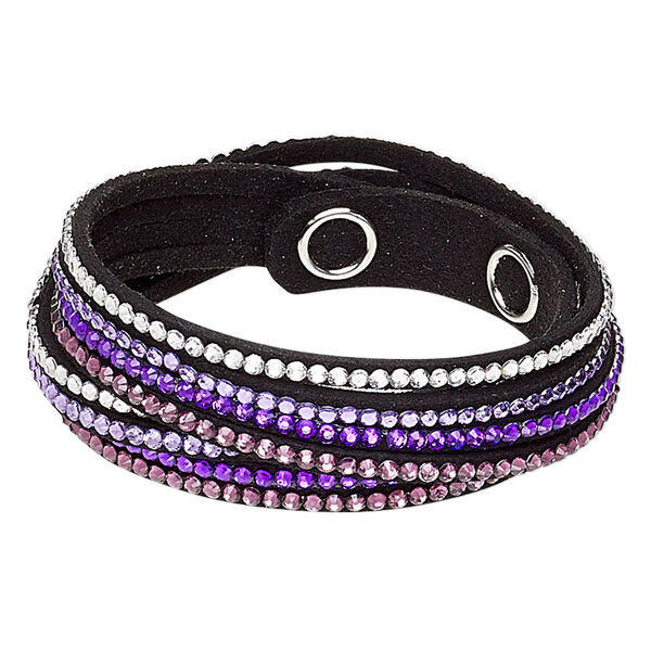 Bracelet, 4-strand wrap, acrylic rhinestone / faux suede / imitation rhodium-plated brass, black / clear / multi-purple, 13mm wide, adjustable at 6-1/2 and 7 inches with snap closure. Sold individually. image number 0