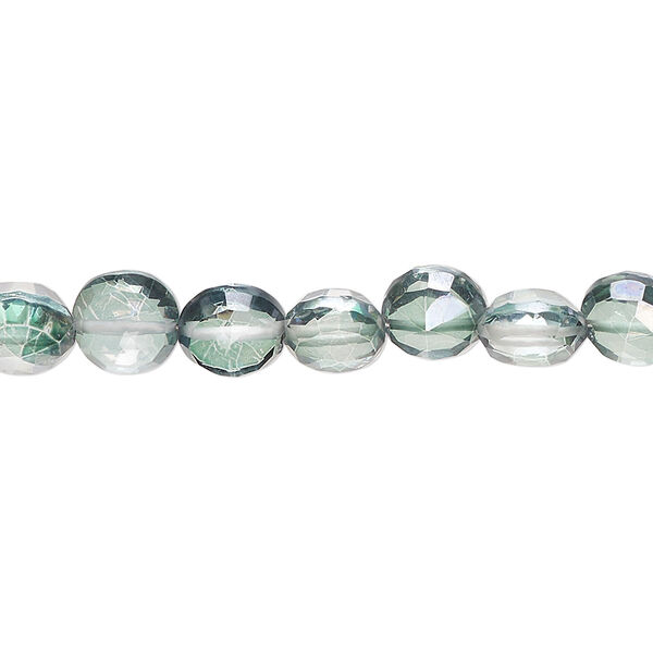 Bead, quartz crystal (coated), green, 6-8mm hand-cut faceted puffed flat round, B grade, Mohs hardness 7. Sold per 7-inch strand, approximately 30 beads. image number 0