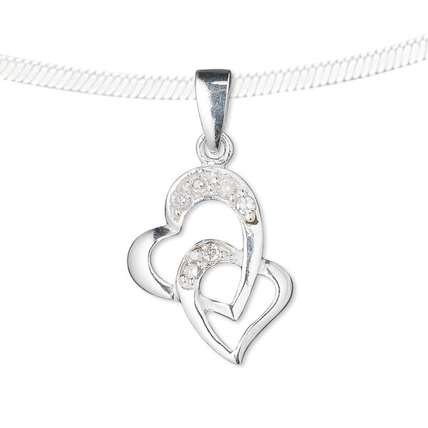 Pendant, sterling silver and cubic zirconia, clear, 16x14mm double heart. Sold individually. image number 0