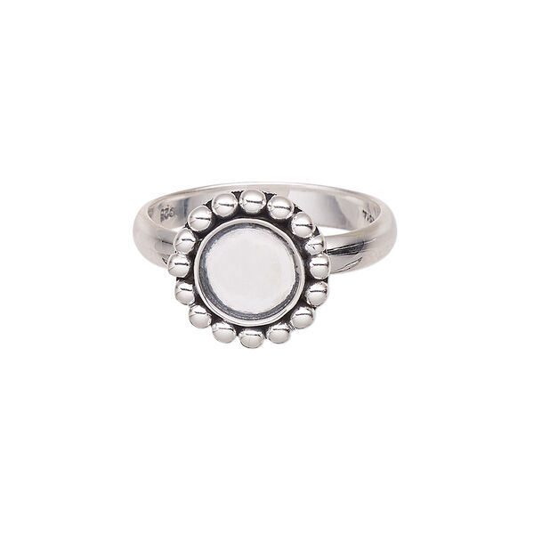 Ring, antiqued sterling silver, 4mm wide with beaded rim and 8mm round glue-in setting, size 9. Sold individually. image number 0