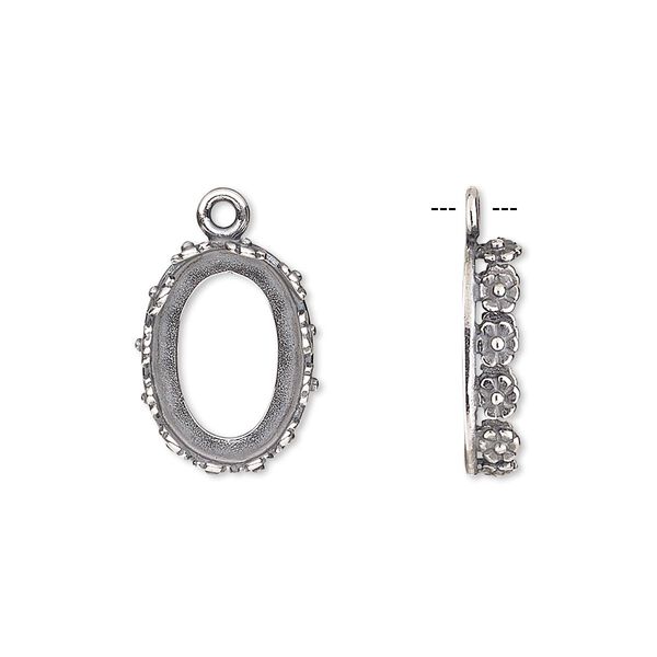Drop, JBB Findings, antique silver-plated brass, 16x12mm oval with open back and flower design trim, 14x10mm oval bezel setting. Sold per pkg of 2. image number 0