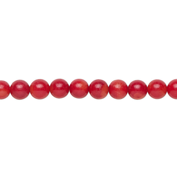 Bead, bamboo coral (dyed), red, 5.5-6mm hand-cut round, B grade, Mohs hardness 3-1/2 to 4. Sold per 15-1/2" to 16" strand. image number 0