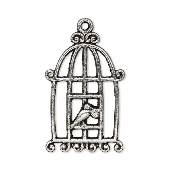 Focal, antique silver-plated "pewter" (zinc-based alloy), 30.5x20mm single-sided bird in cage. Sold per pkg of 4. image number 0