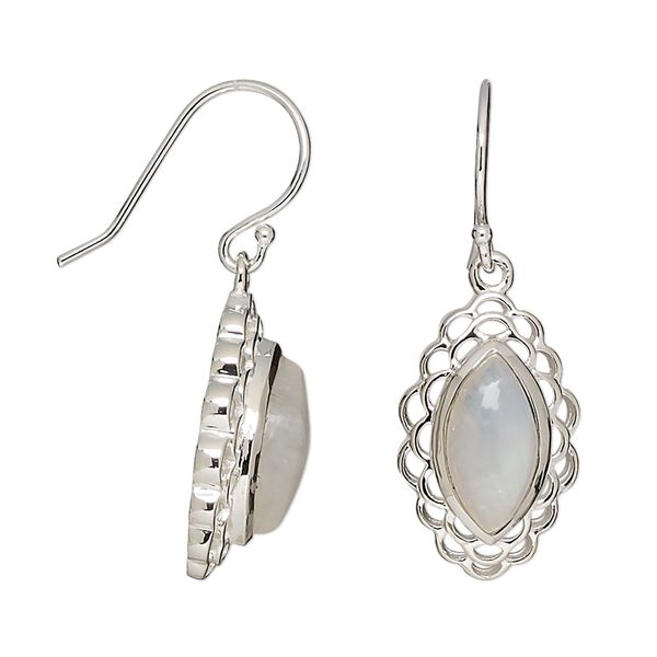 Earring, rainbow moonstone (natural) and sterling silver, 33mm with 12x6mm marquise and fishhook ear wire. Sold per pair. image number 0