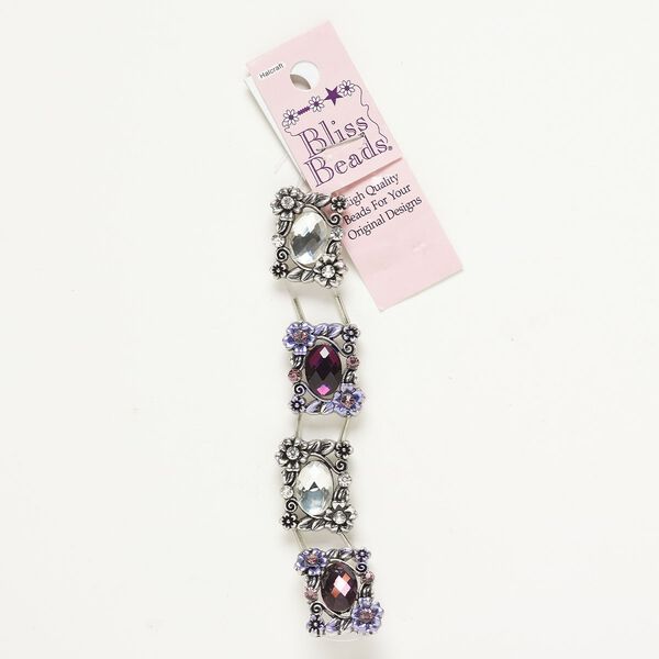 Bead assortment spacer "pewter" zinc-based alloy acrylic glass enamel 4pk 27x21mm 2-strand rectangle, antique silver finish multi-purple image number 0