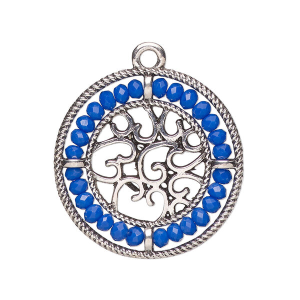 Drop, glass and antique silver-finished "pewter" (zinc-based alloy), cobalt blue, 28mm round with hearts and beaded border. Sold per pkg of 2. image number 0