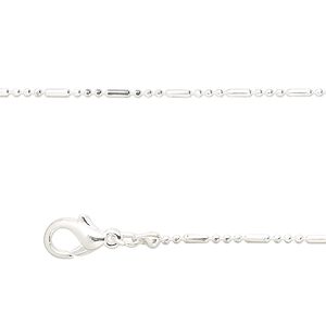 Chain 1pkg4 silver-plated 3+1 bead, 1mm / lobster claw clasp, brass 18 inch