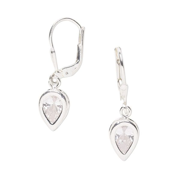 Earring, Everday Jewelry, cubic zirconia and sterling silver, clear, 26mm with 8x6mm faceted pear and leverback ear wire. Sold per pair. image number 0